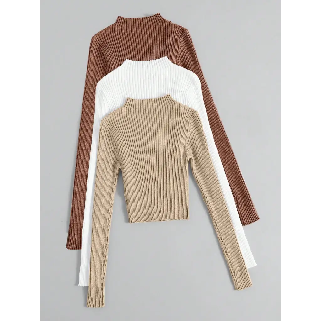 3pcs Mock Neck Ribbed Knit Sweater - Women Sweaters