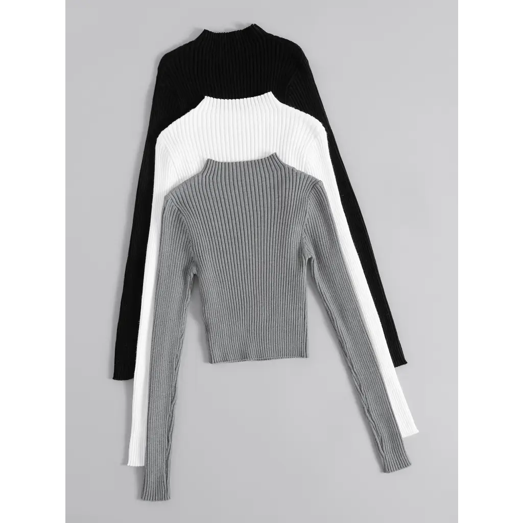 3pcs Mock Neck Ribbed Knit Sweater - Women Sweaters