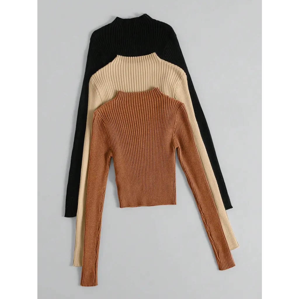 3pcs Mock Neck Ribbed Knit Sweater - Women Sweaters