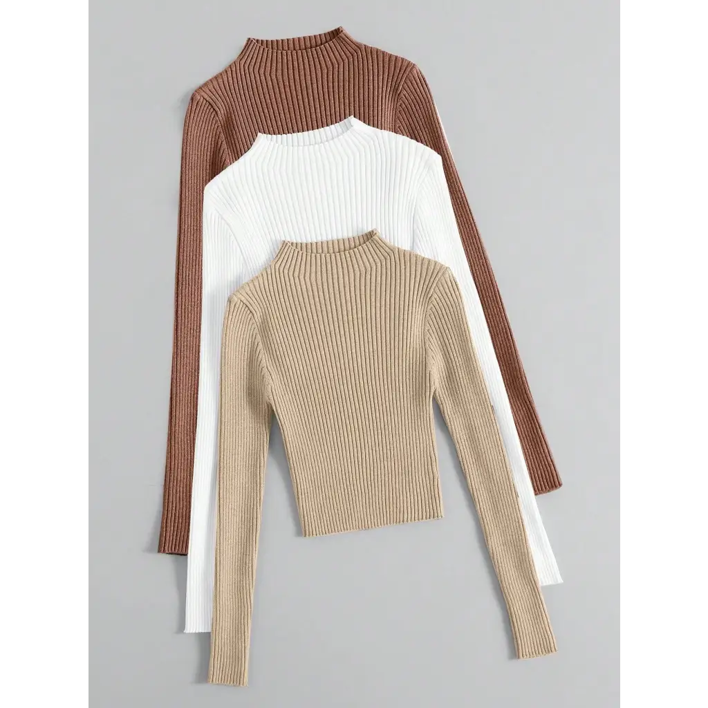 3pcs Mock Neck Ribbed Knit Sweater - Women Sweaters