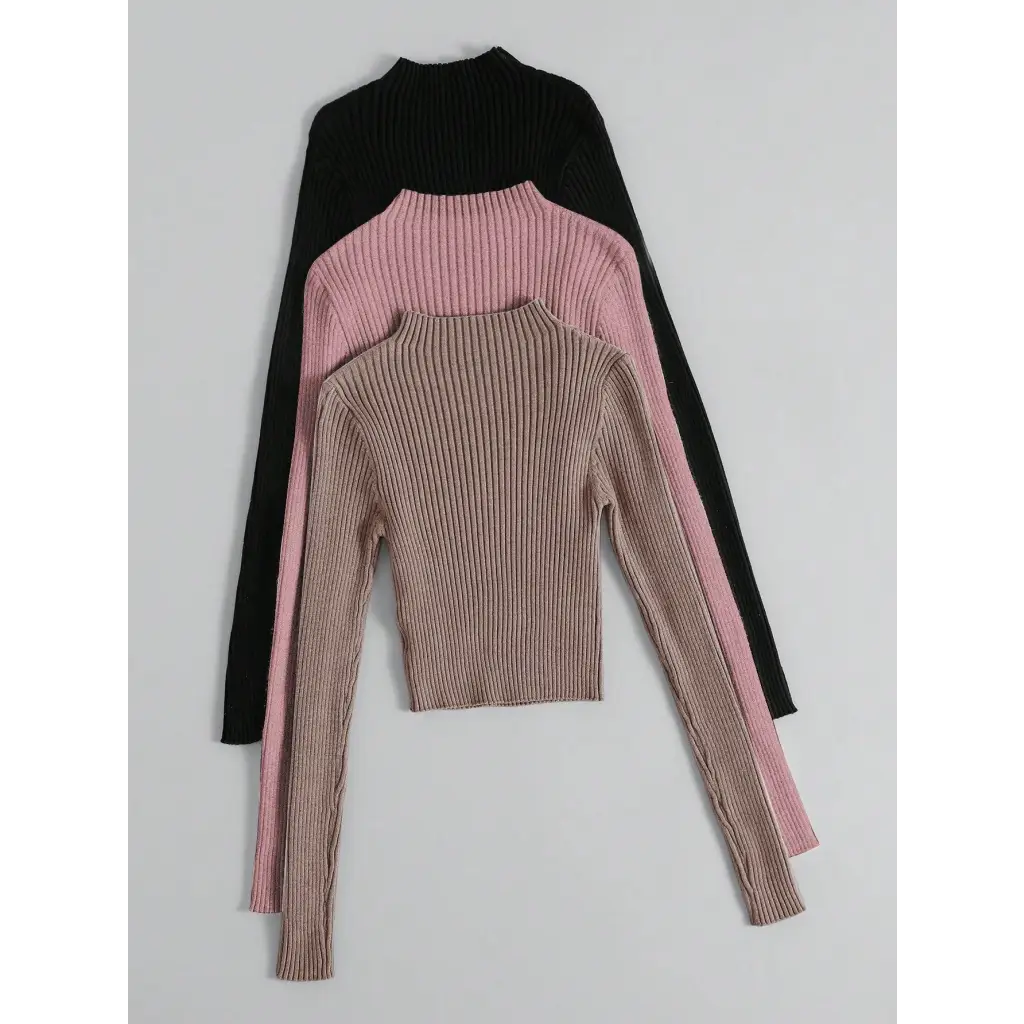 3pcs Mock Neck Ribbed Knit Sweater - Women Sweaters