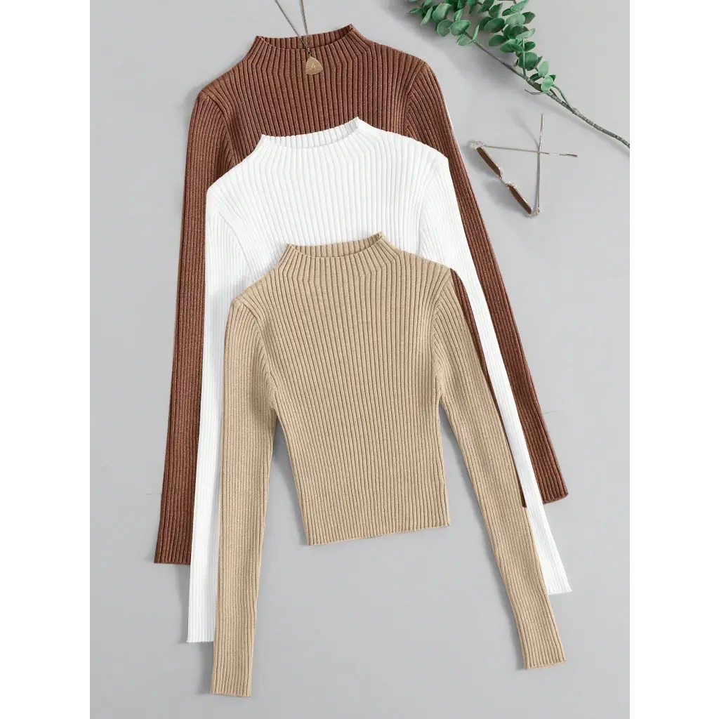 3pcs Mock Neck Ribbed Knit Sweater - Women Sweaters