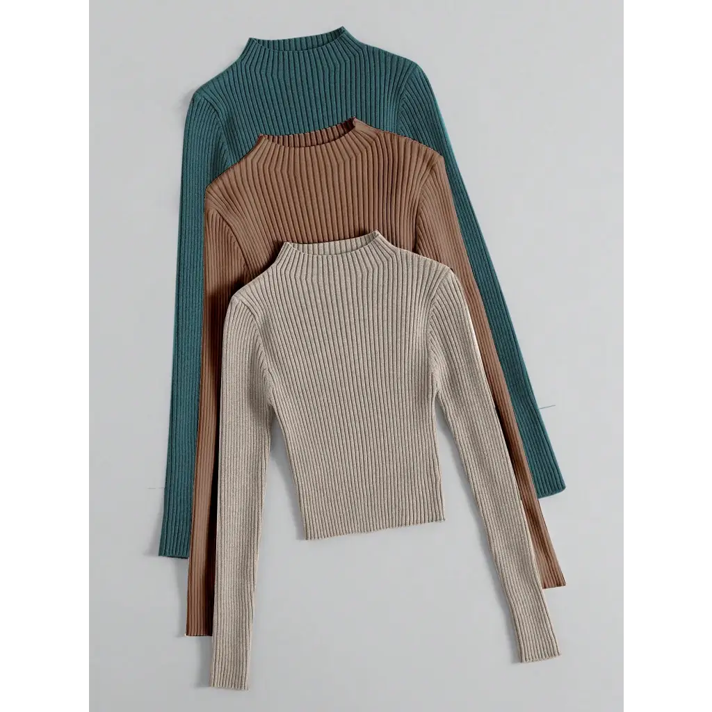 3pcs Mock Neck Ribbed Knit Sweater - Women Sweaters