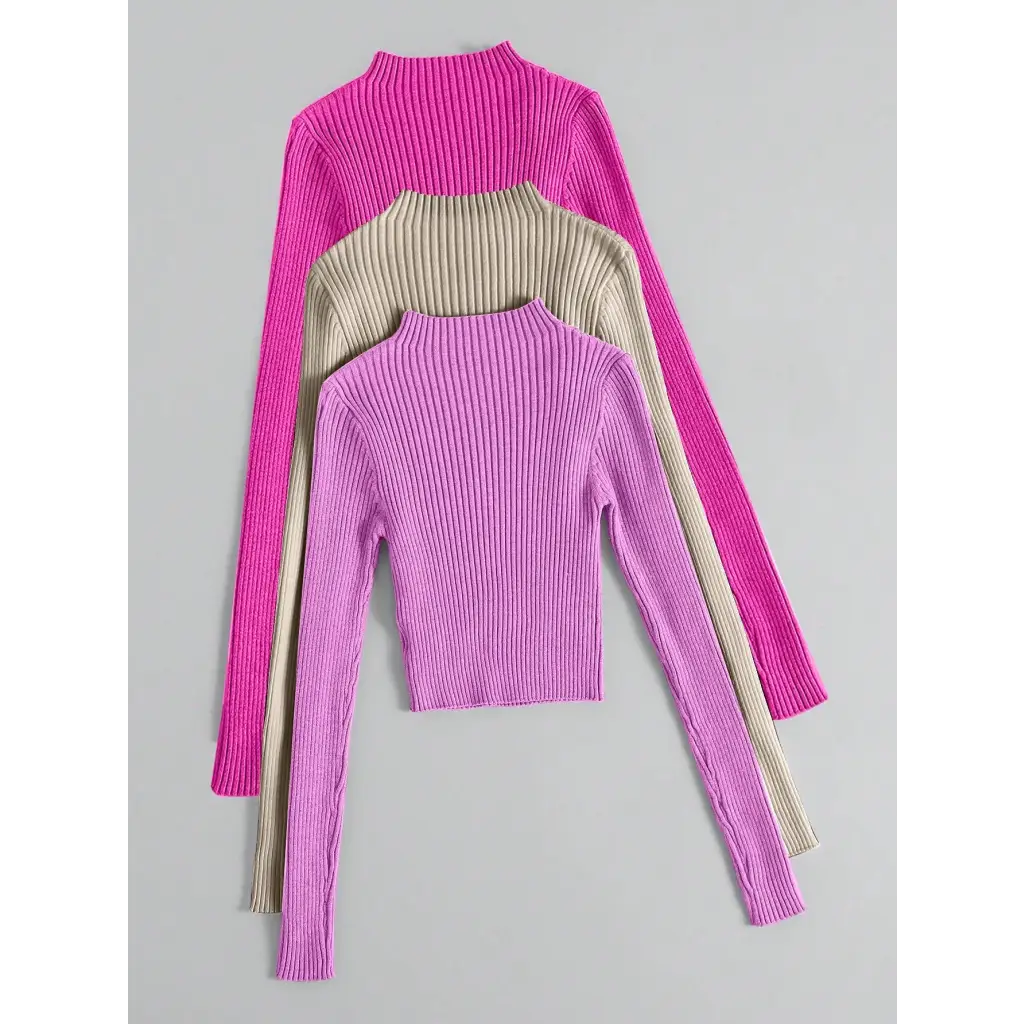 3pcs Mock Neck Ribbed Knit Sweater - Women Sweaters