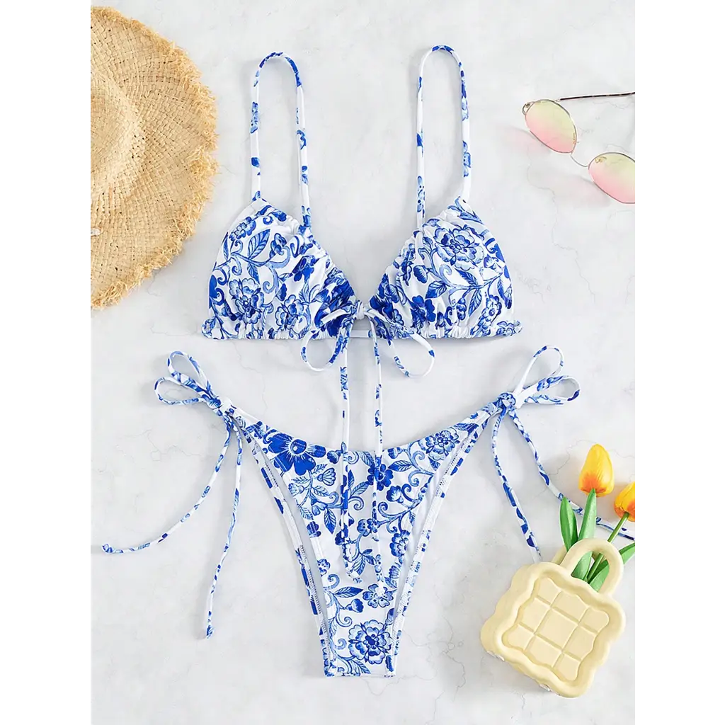 Boho Floral Print Bikini Swimsuit - Blue and White / XS -