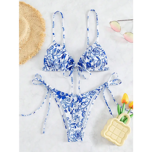 Boho Floral Print Bikini Swimsuit - Blue and White / XS -