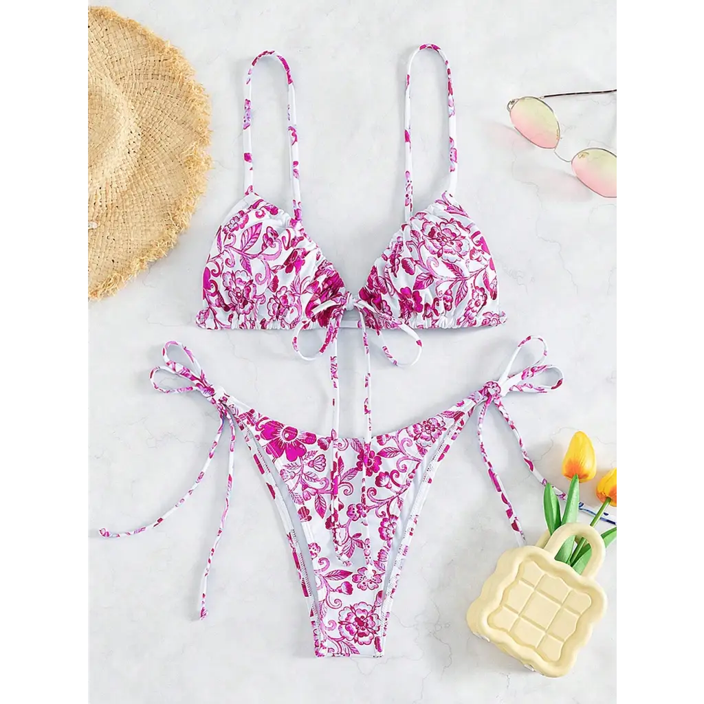 Boho Floral Print Bikini Swimsuit - Hot Pink / XS - Women