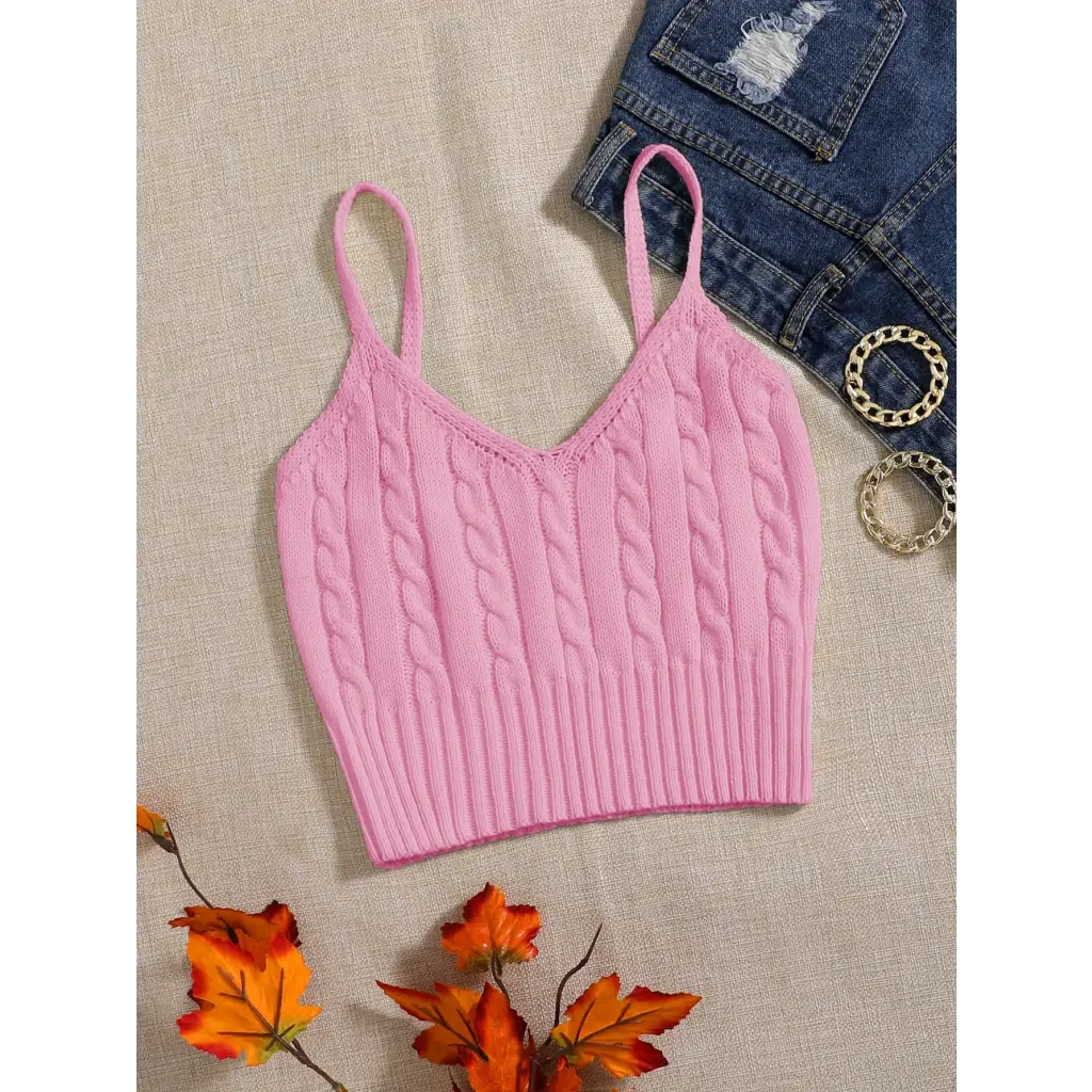 Cable Knit Cami Top - Baby Pink / XS - Women Tops