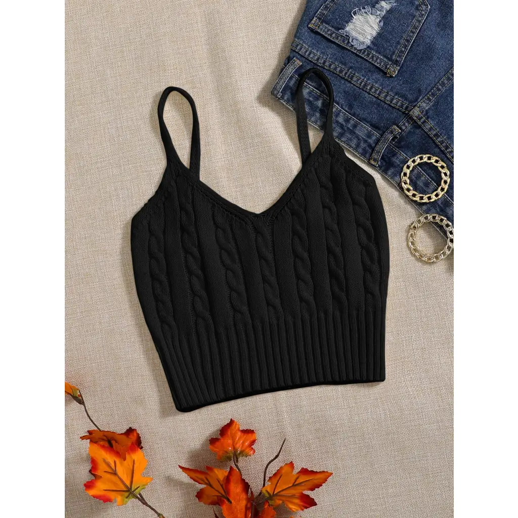 Cable Knit Cami Top - Black / XS - Women Tops