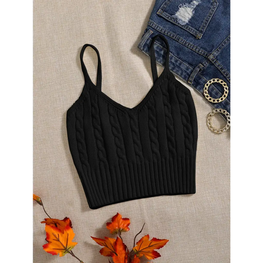 Cable Knit Cami Top - Black / XS - Women Tops