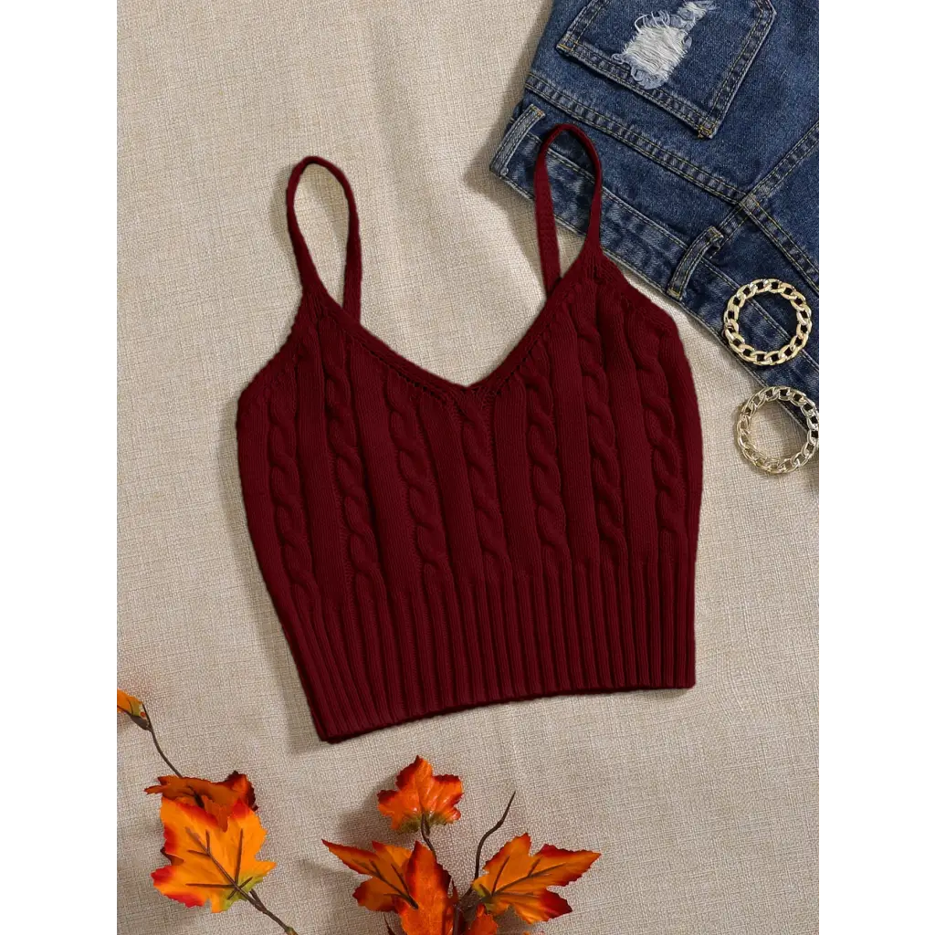 Cable Knit Cami Top - Burgundy / XS - Women Tops