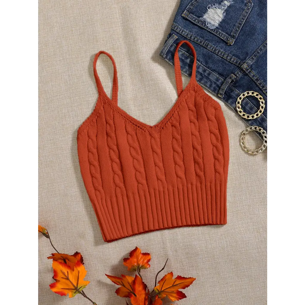 Cable Knit Cami Top - Burnt Orange / XS - Women Tops