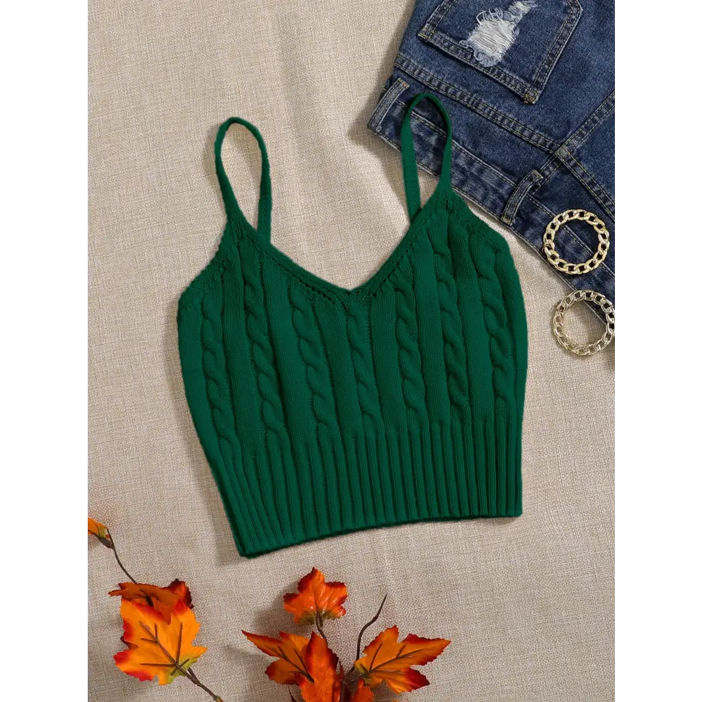 Cable Knit Cami Top - Dark Green / XS - Women Tops