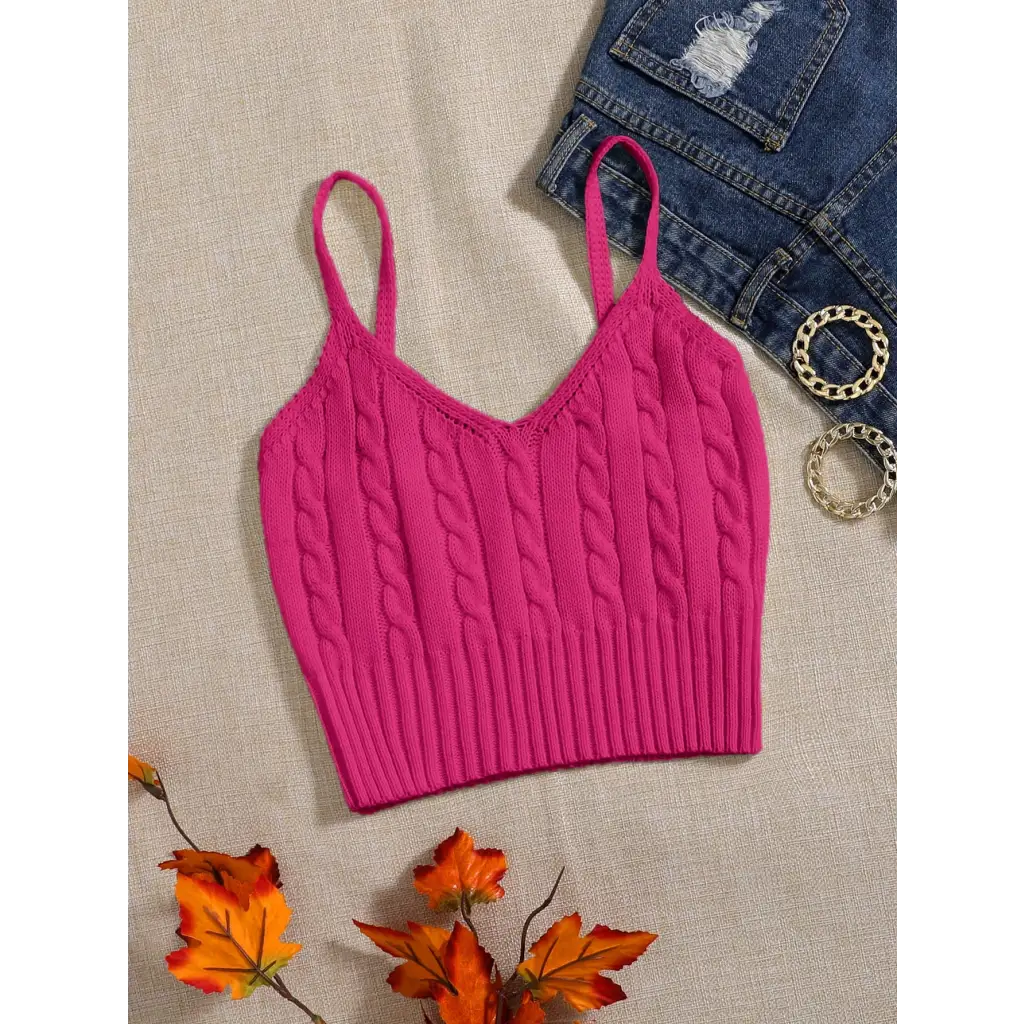 Cable Knit Cami Top - Hot Pink / XS - Women Tops