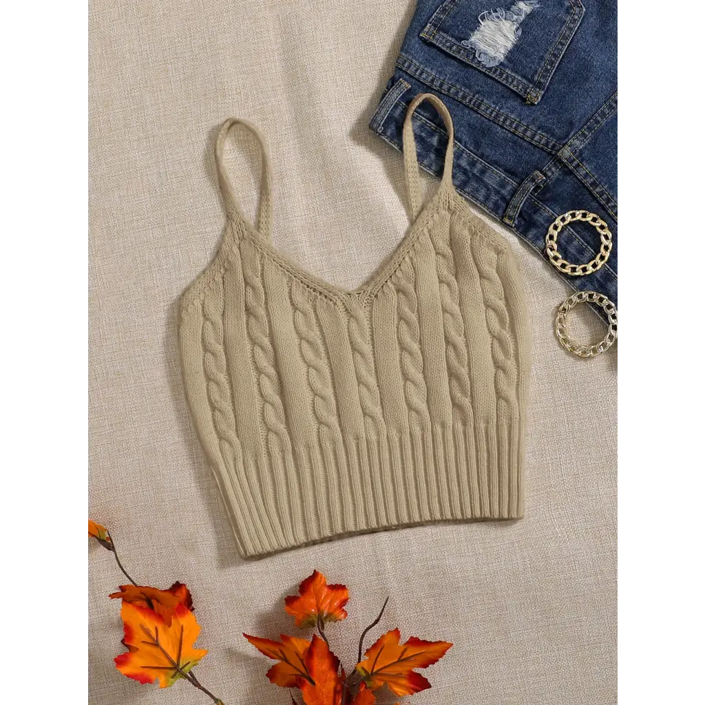 Cable Knit Cami Top - Khaki / XS - Women Tops