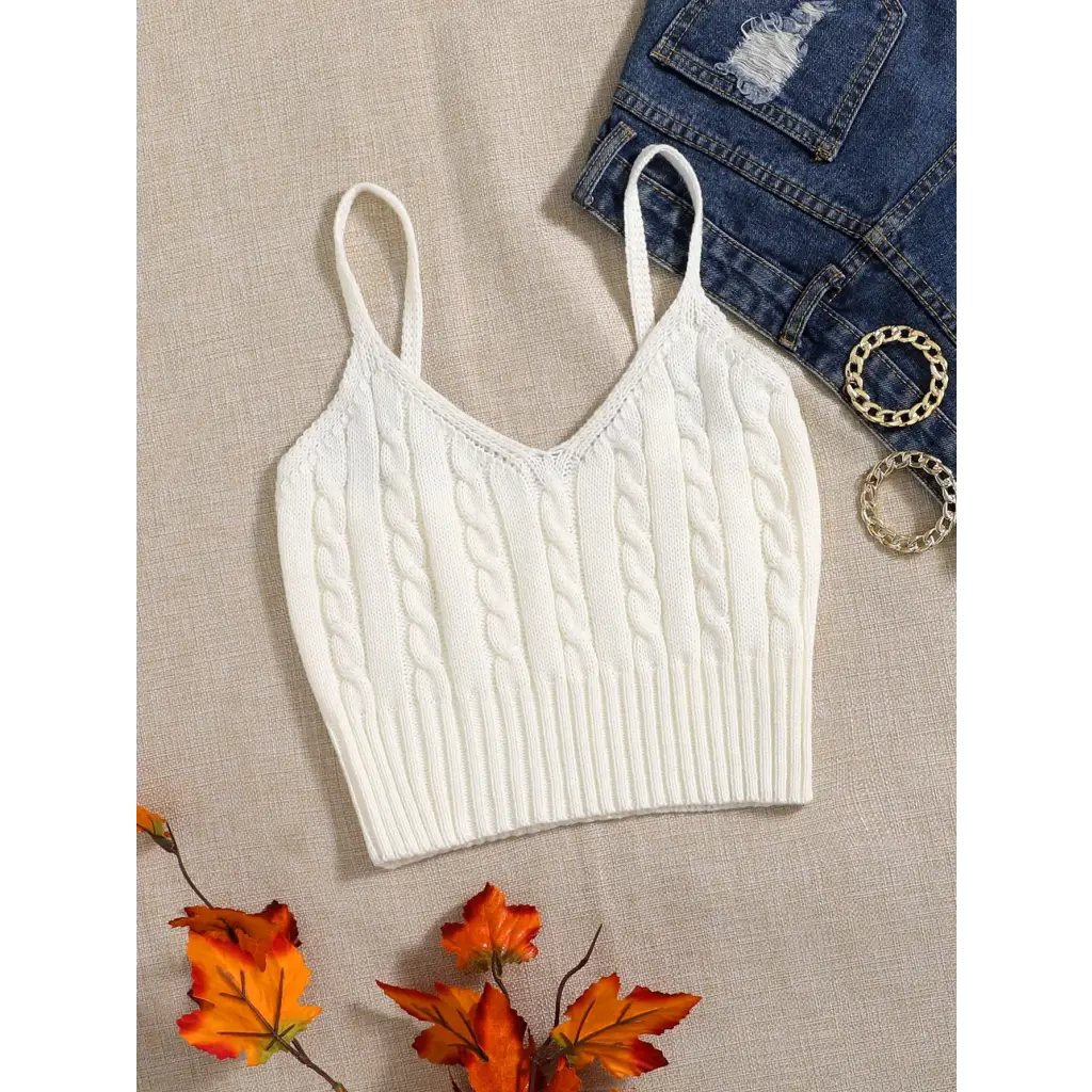 Cable Knit Cami Top - White / XS - Women Tops