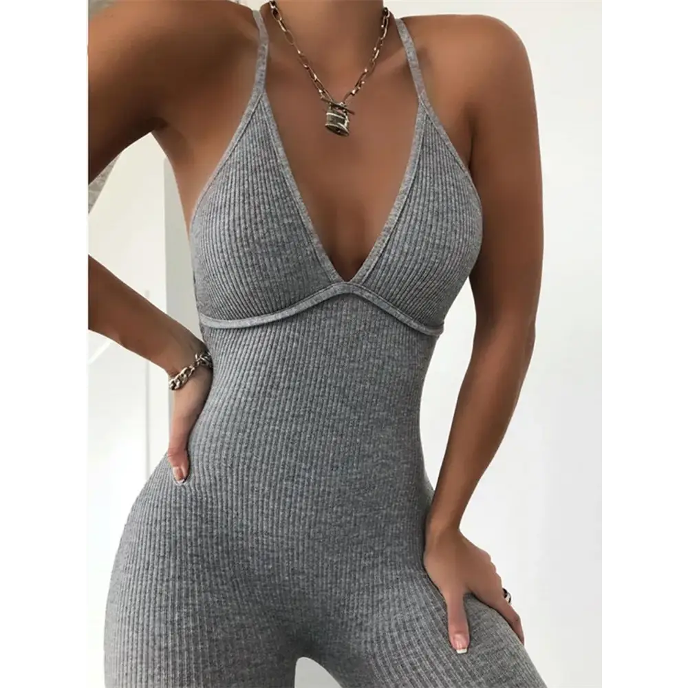 Kliou V-neck Skinny Sexy Jumpsuit Women Summer Hollow Out