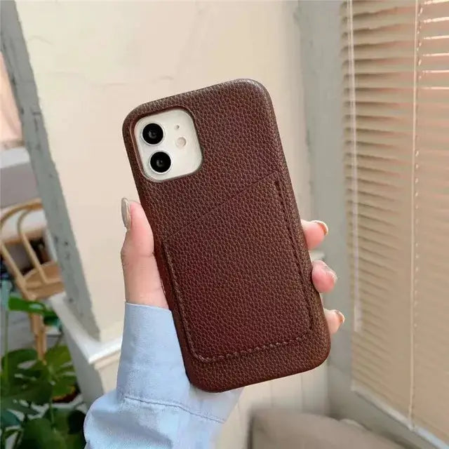 Leather Card Holder Case For IPhone - iPhone 15 / Drak Brown