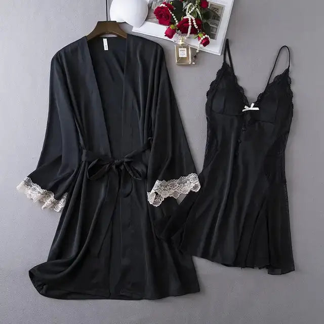 Satin Kimono- Lingerie 2PCS Sleep Set - Black / M