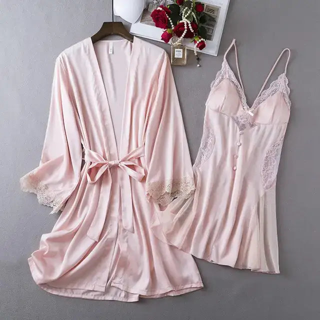 Satin Kimono- Lingerie 2PCS Sleep Set - Pink / M