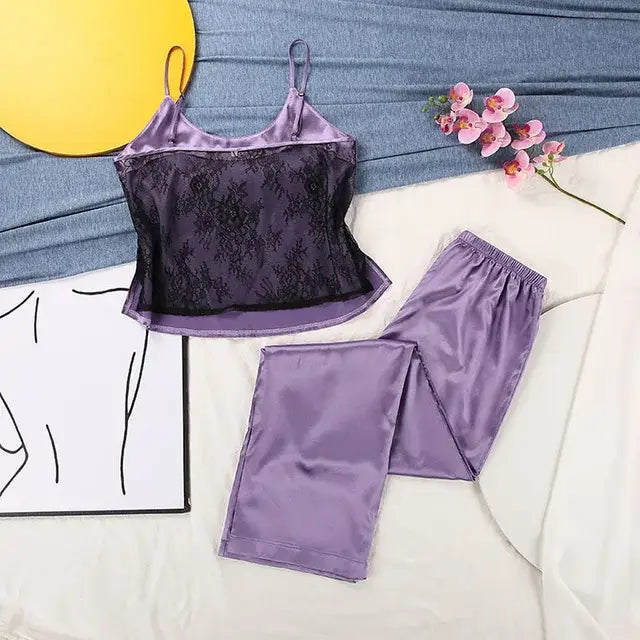 Satin Sexy Pajamas Set - PURPLE / S