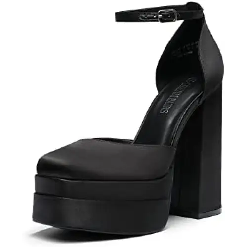 Women’s High Block Heels Square - 6 / Black-satin - Pumps