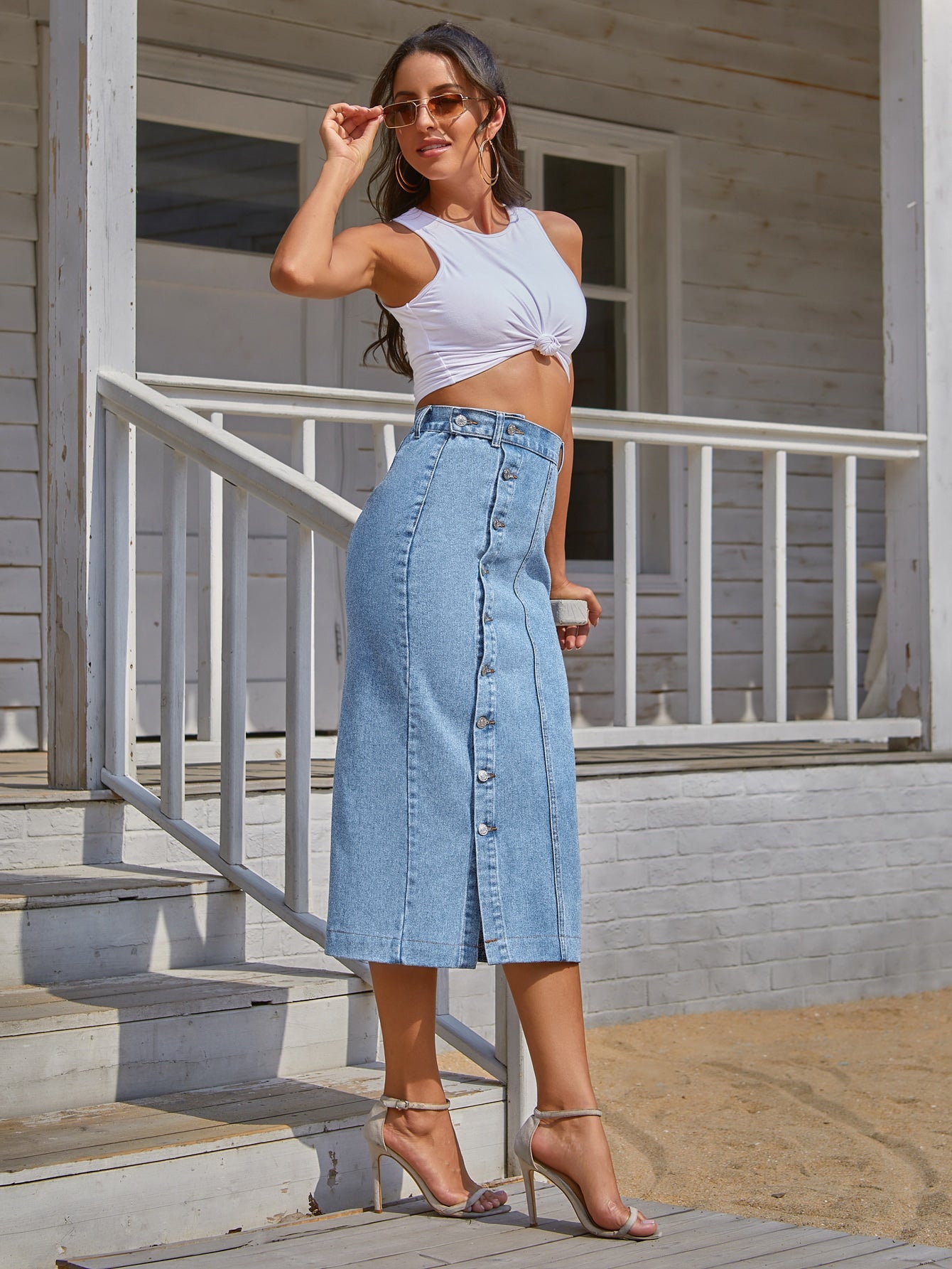 Essnce Button Front Longline Denim Skirt