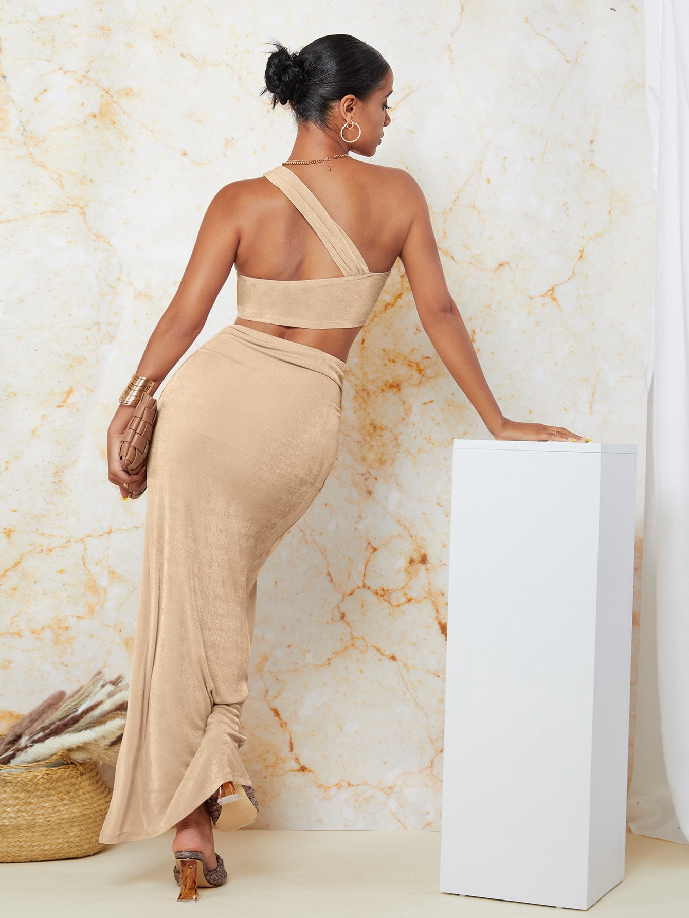 One Shoulder Twist Crop Top & Split Thigh Skirt Set