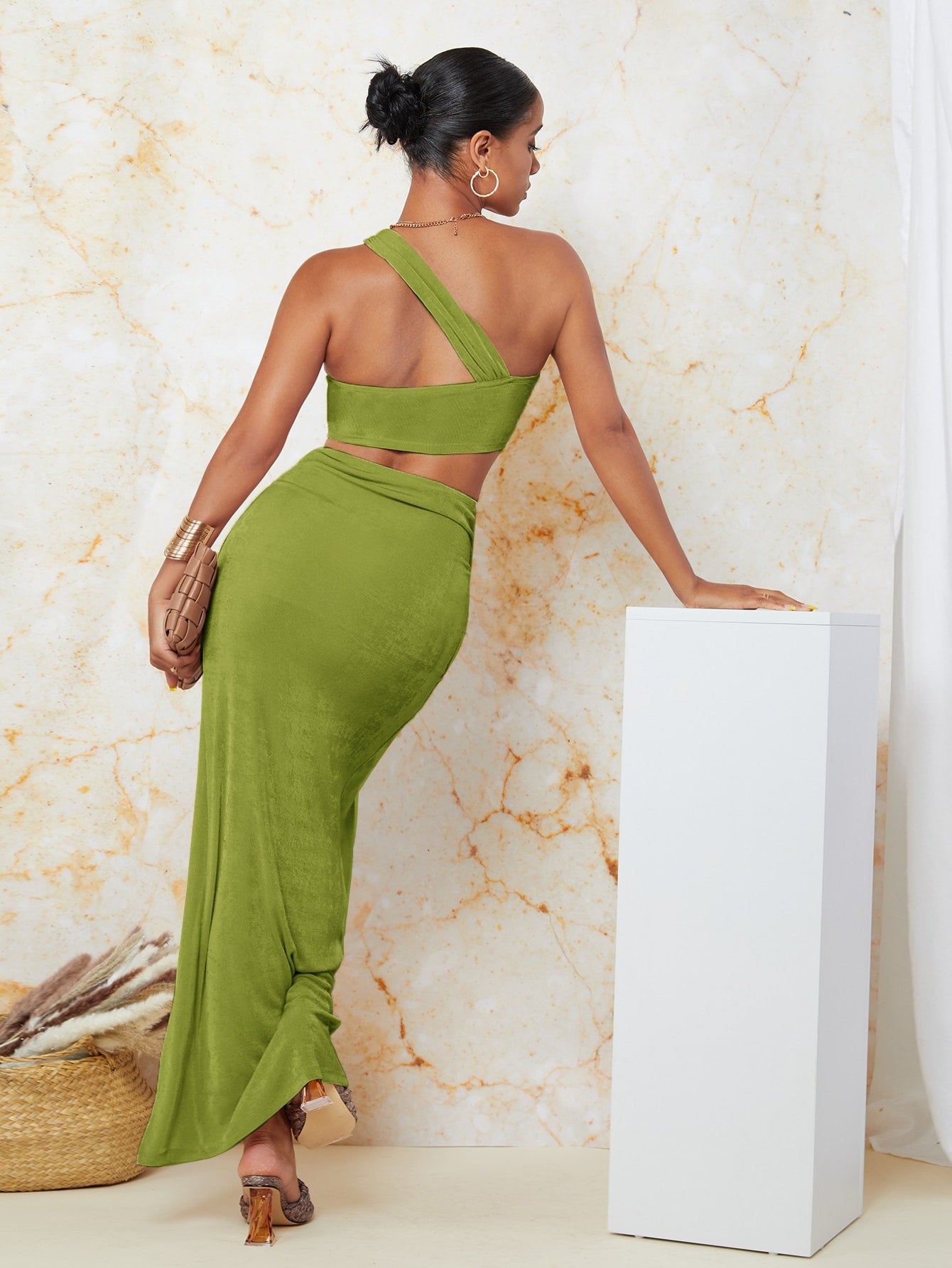 One Shoulder Twist Crop Top & Split Thigh Skirt Set