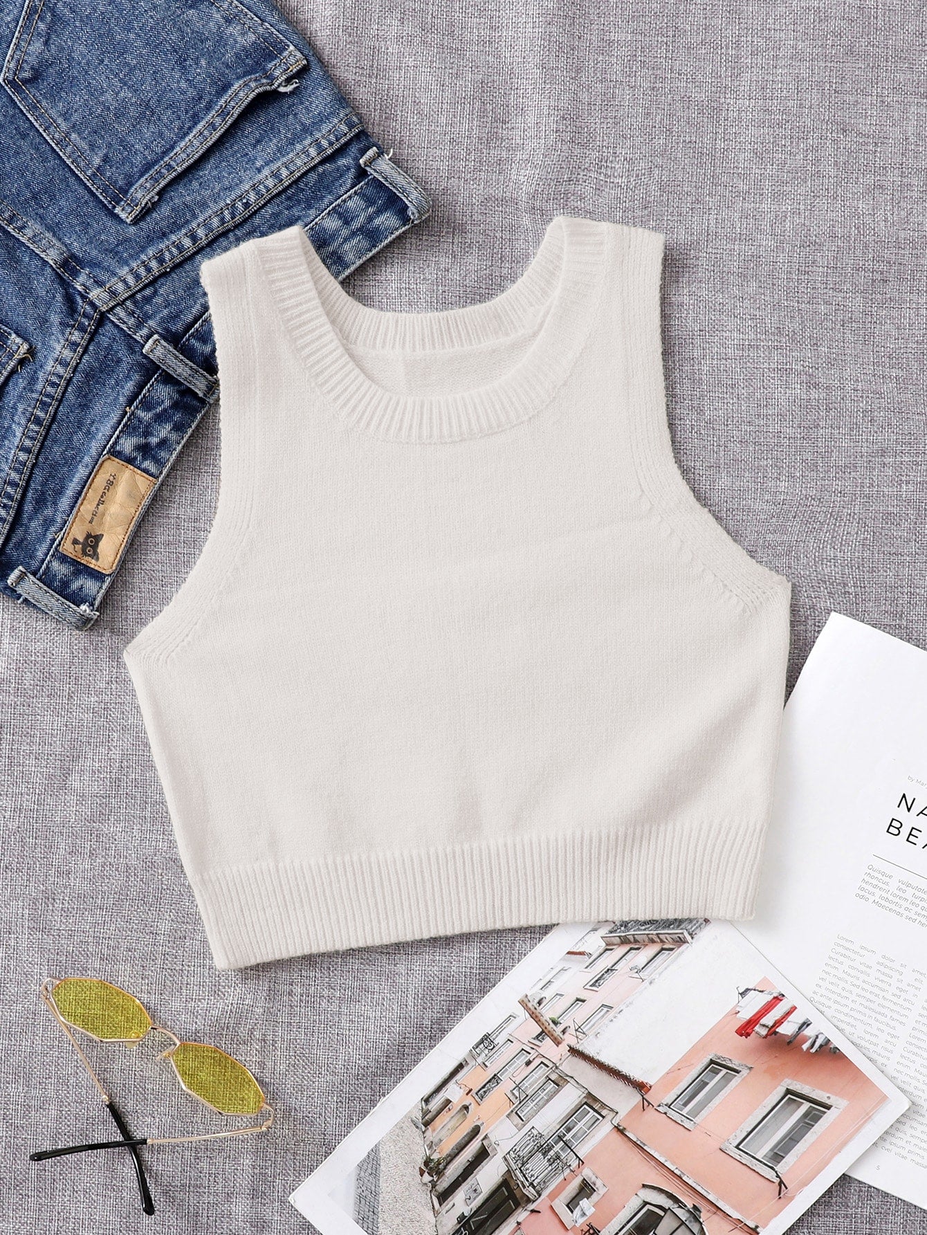 Solid Ribbed Knit Top Sweater Vest