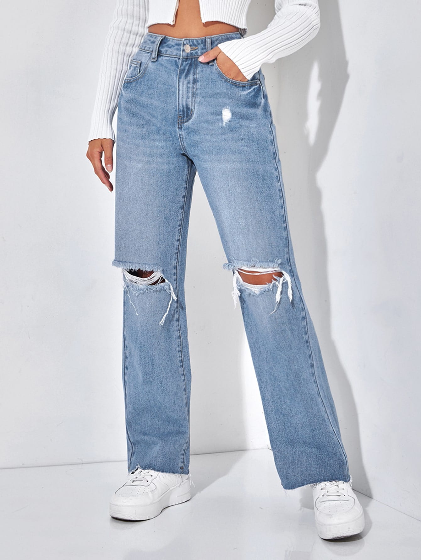 Ripped Raw Hem Straight Leg Jeans