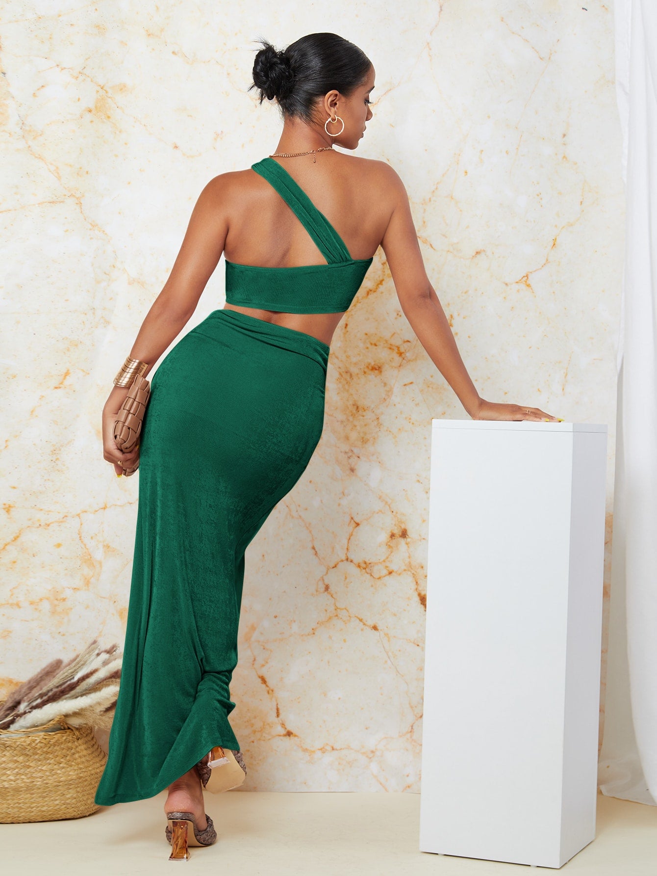 One Shoulder Twist Crop Top & Split Thigh Skirt Set