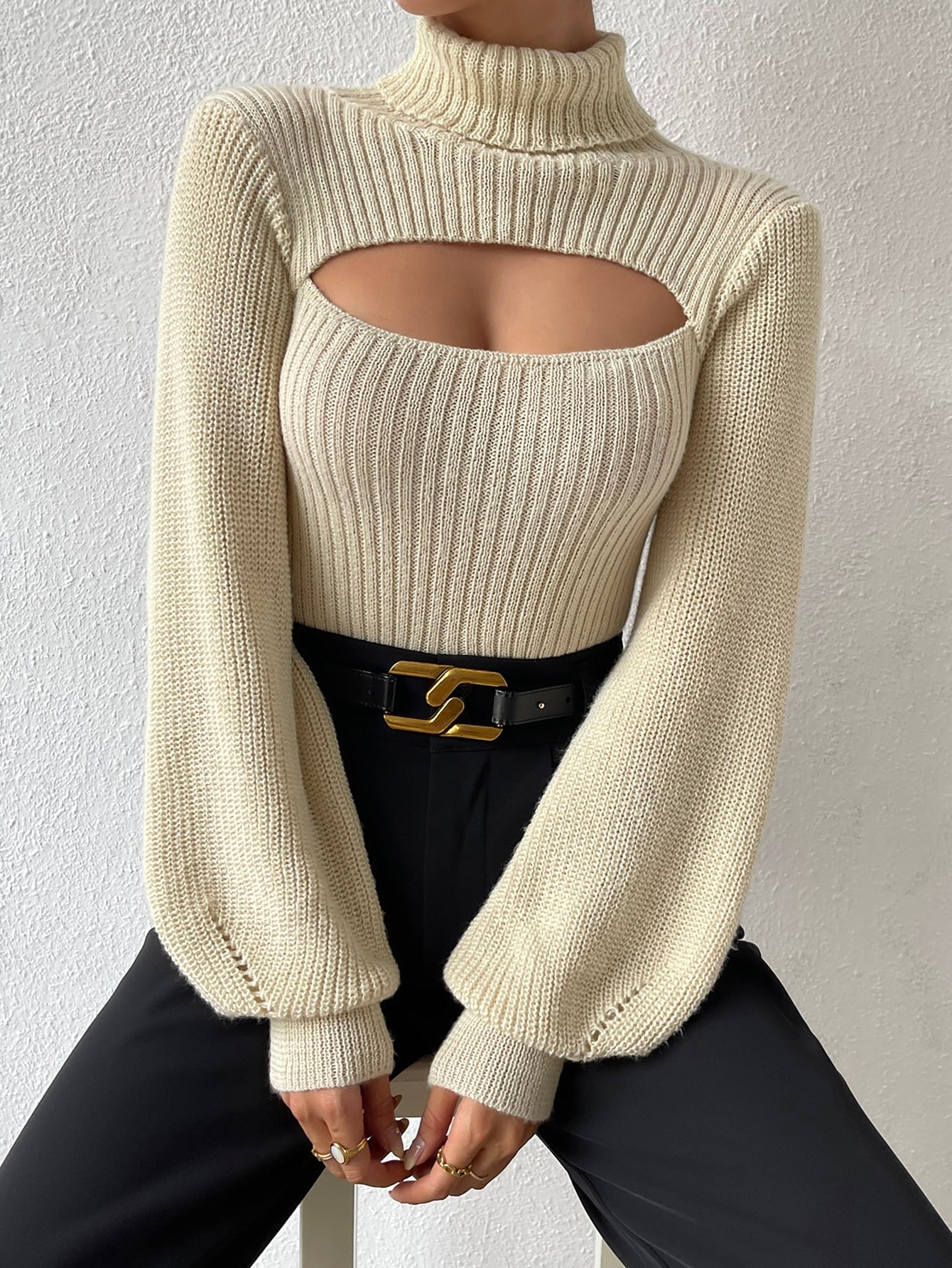 Turtleneck Cut Out Eyelet Detail Sweater