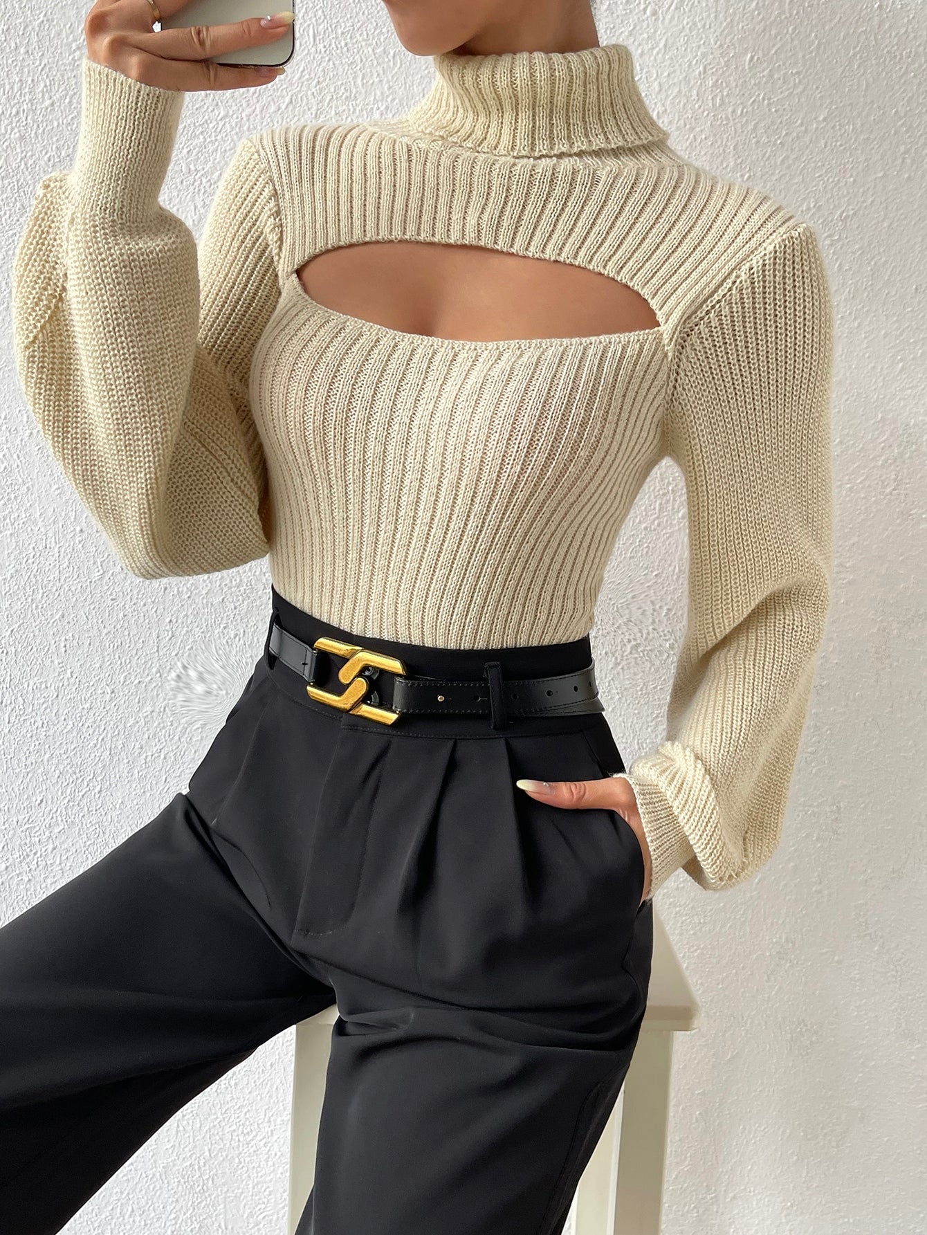 Turtleneck Cut Out Eyelet Detail Sweater