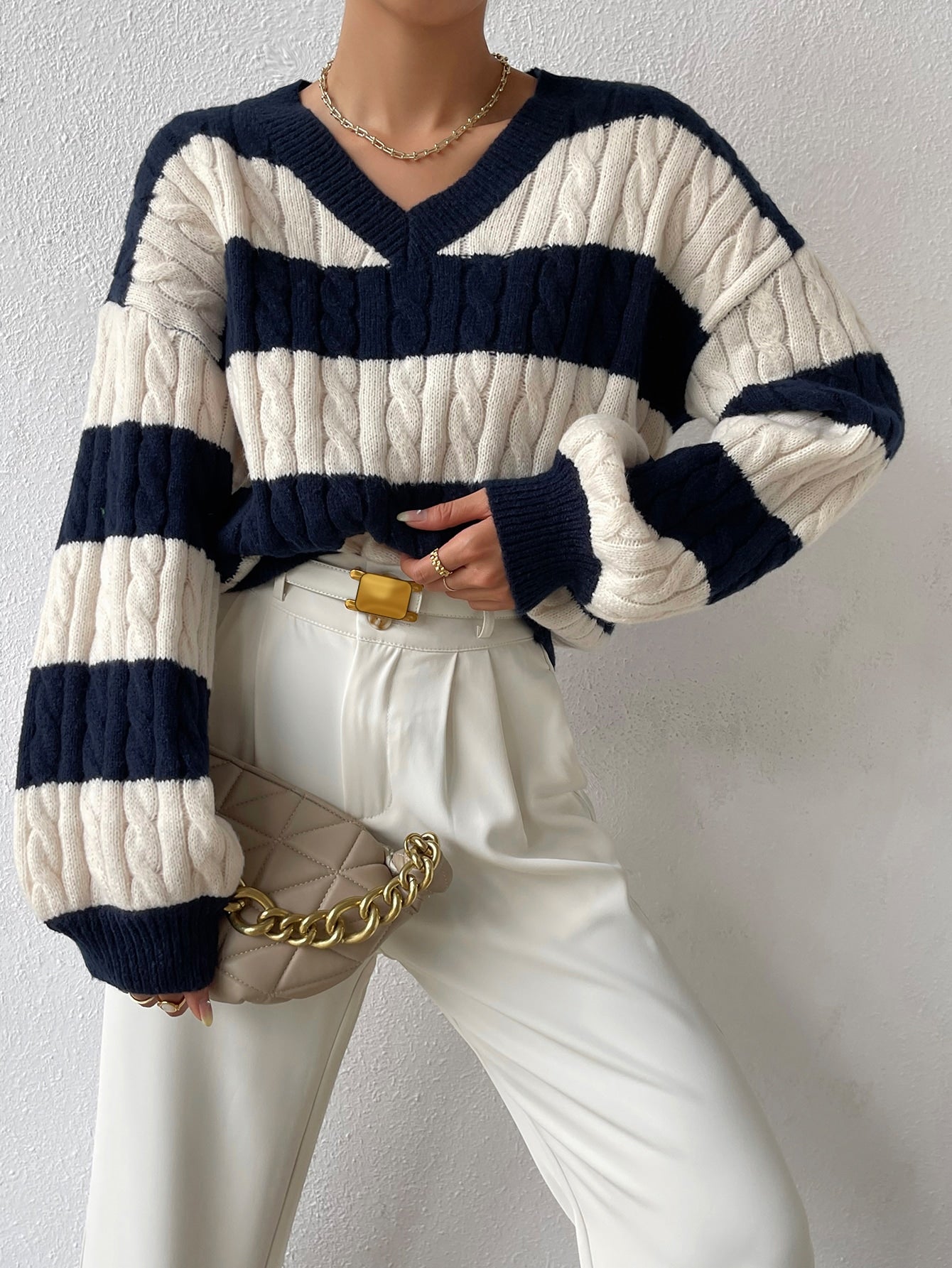 Esesnce Two Tone Cable Knit Drop Shoulder Sweater