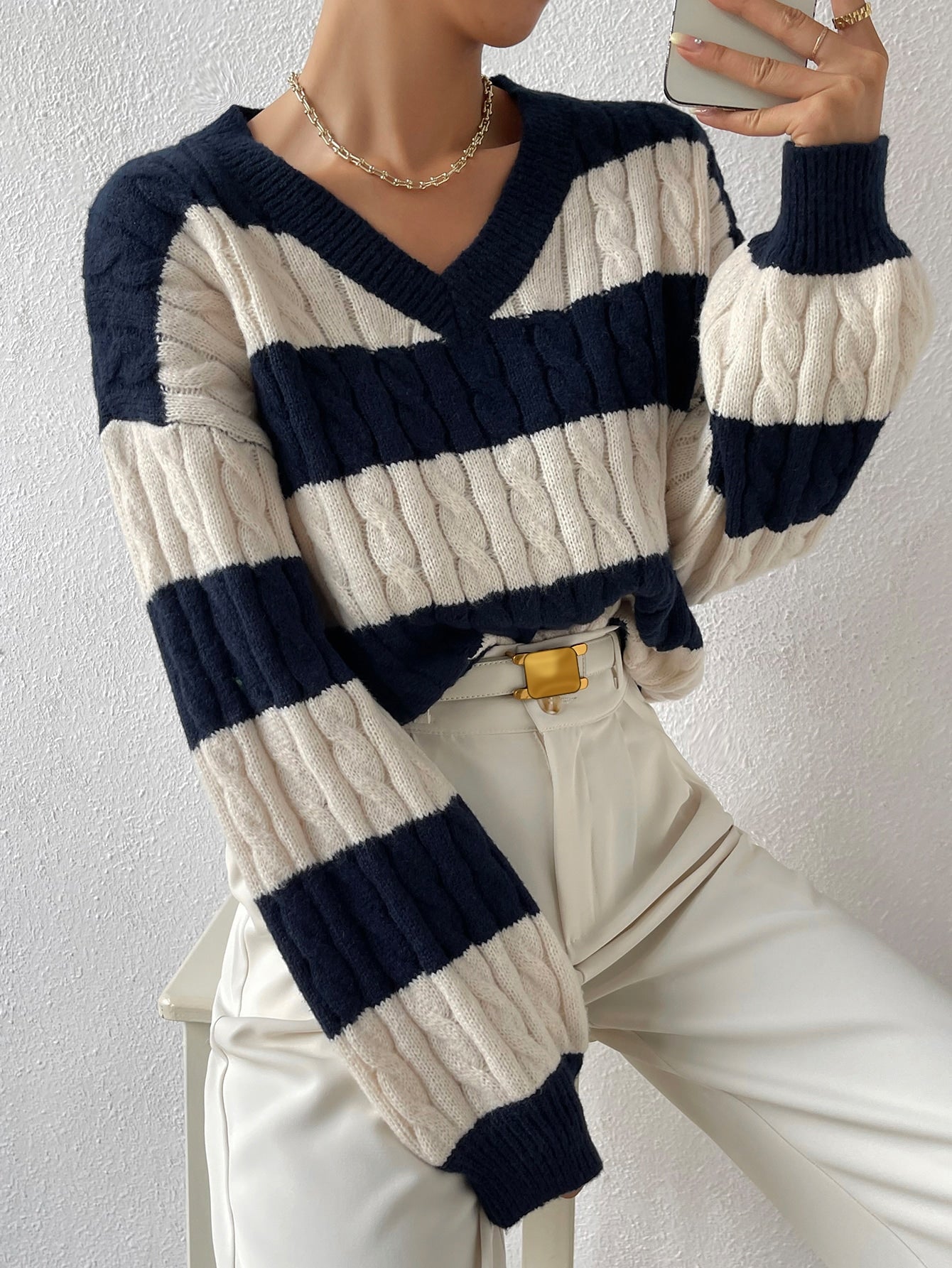 Esesnce Two Tone Cable Knit Drop Shoulder Sweater