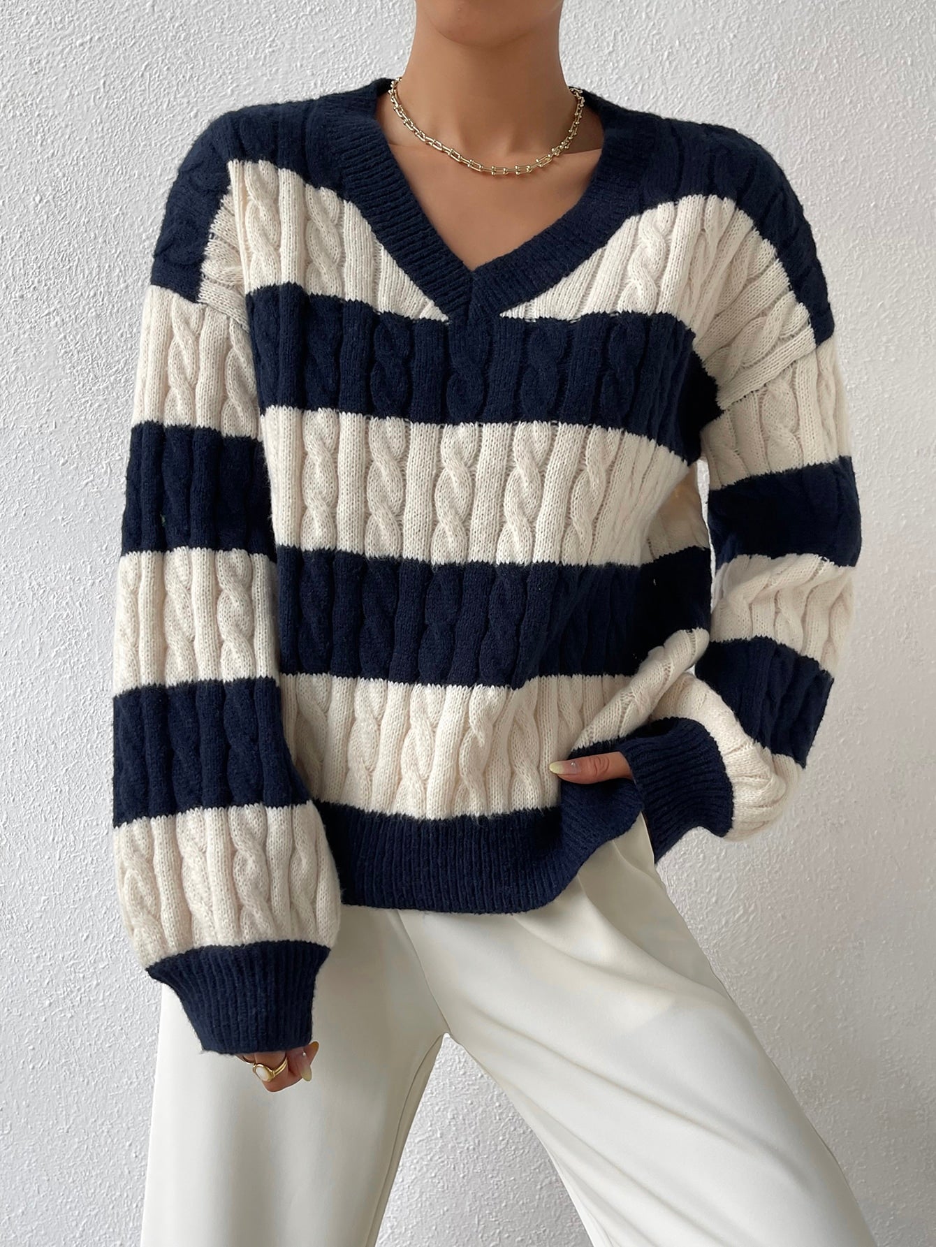 Esesnce Two Tone Cable Knit Drop Shoulder Sweater