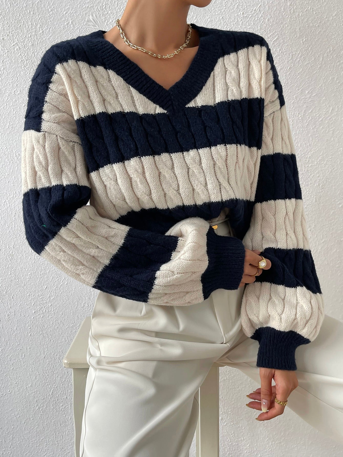 Esesnce Two Tone Cable Knit Drop Shoulder Sweater