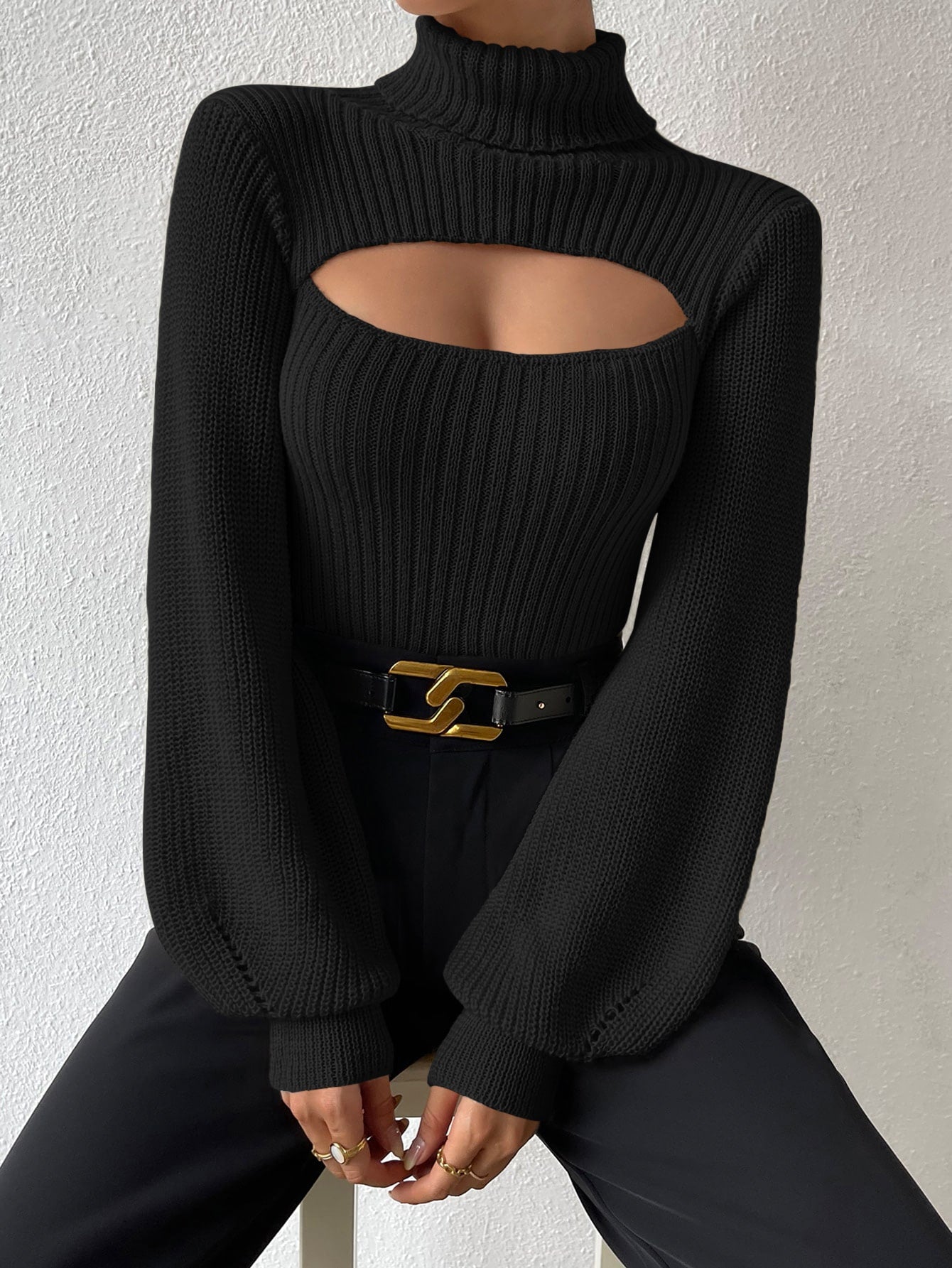 Turtleneck Cut Out Eyelet Detail Sweater