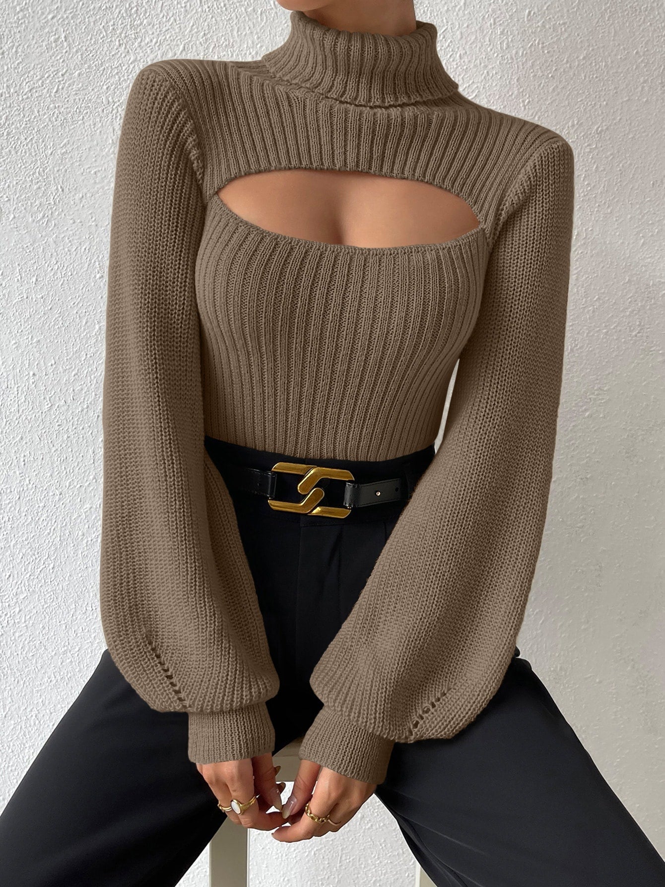 Turtleneck Cut Out Eyelet Detail Sweater