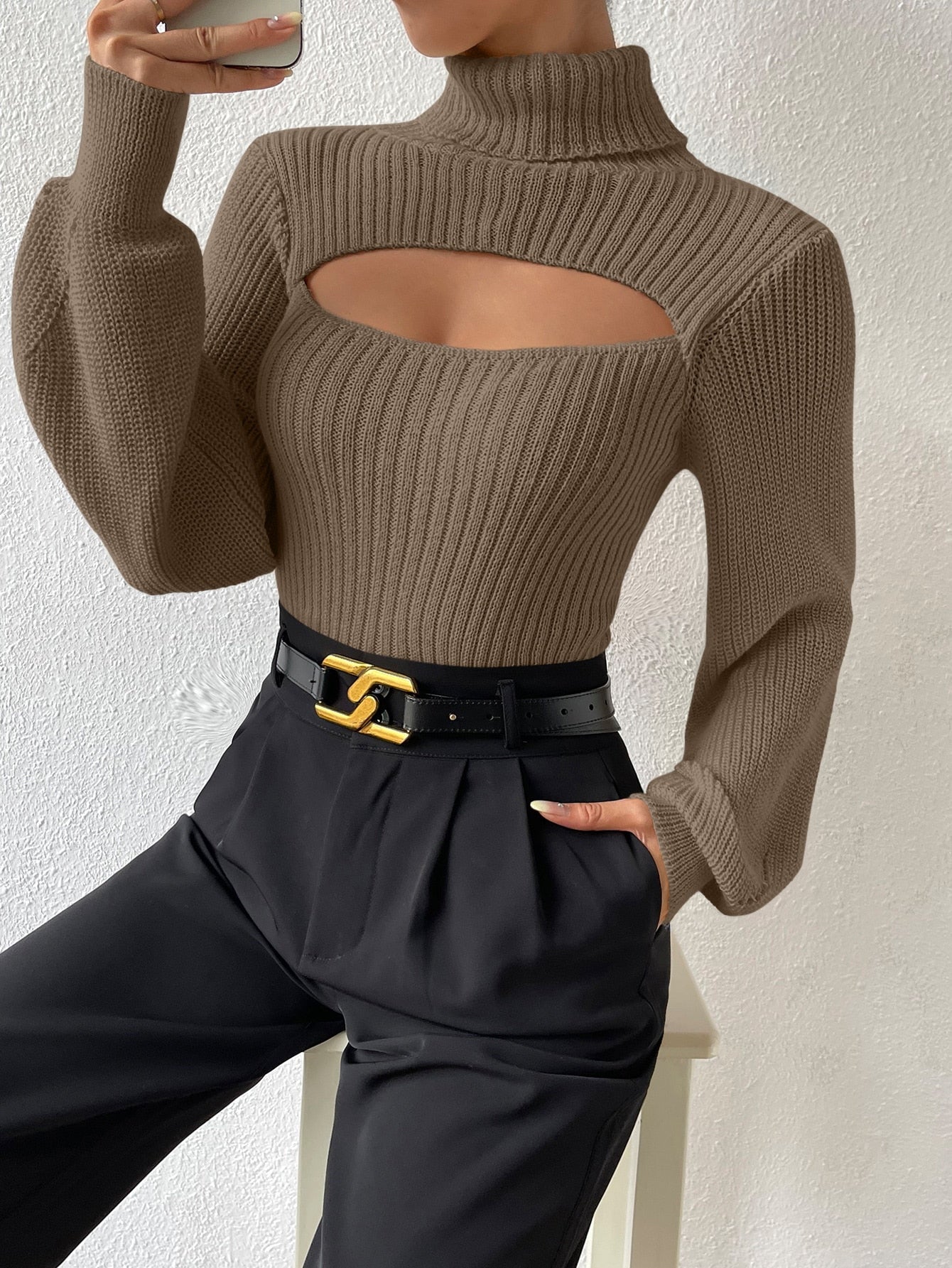 Turtleneck Cut Out Eyelet Detail Sweater