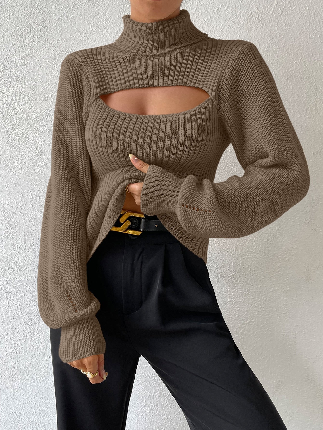 Turtleneck Cut Out Eyelet Detail Sweater