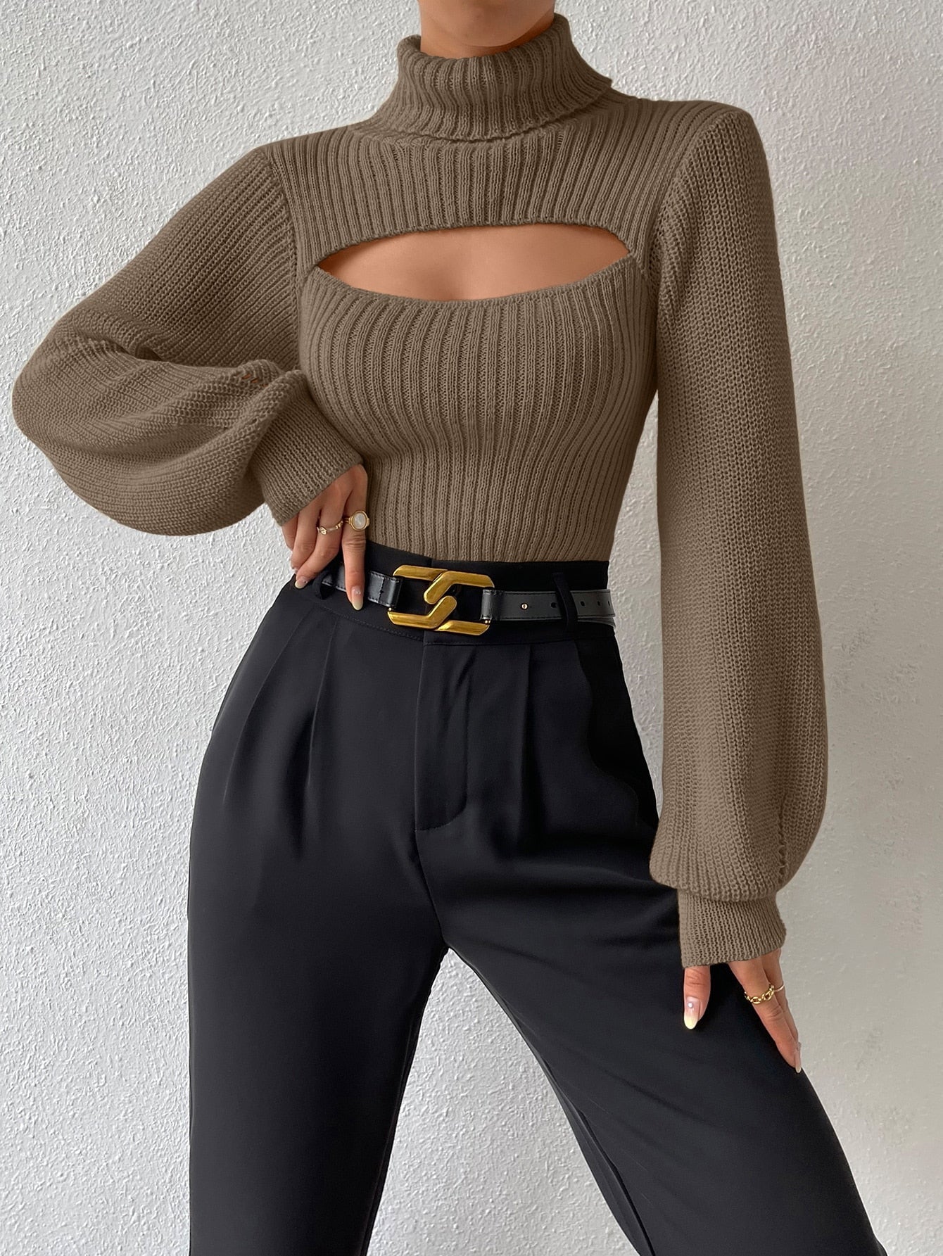 Turtleneck Cut Out Eyelet Detail Sweater