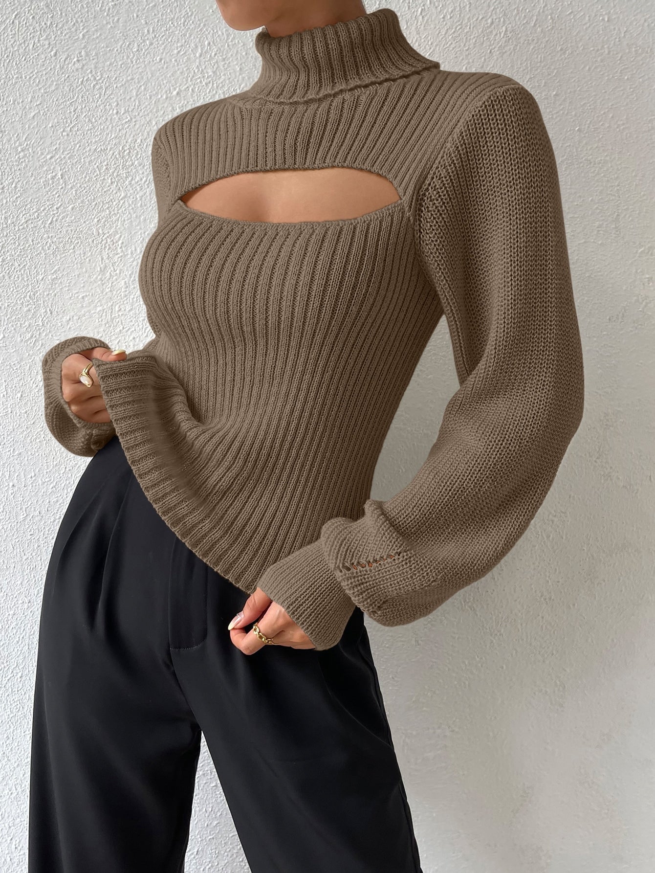 Turtleneck Cut Out Eyelet Detail Sweater