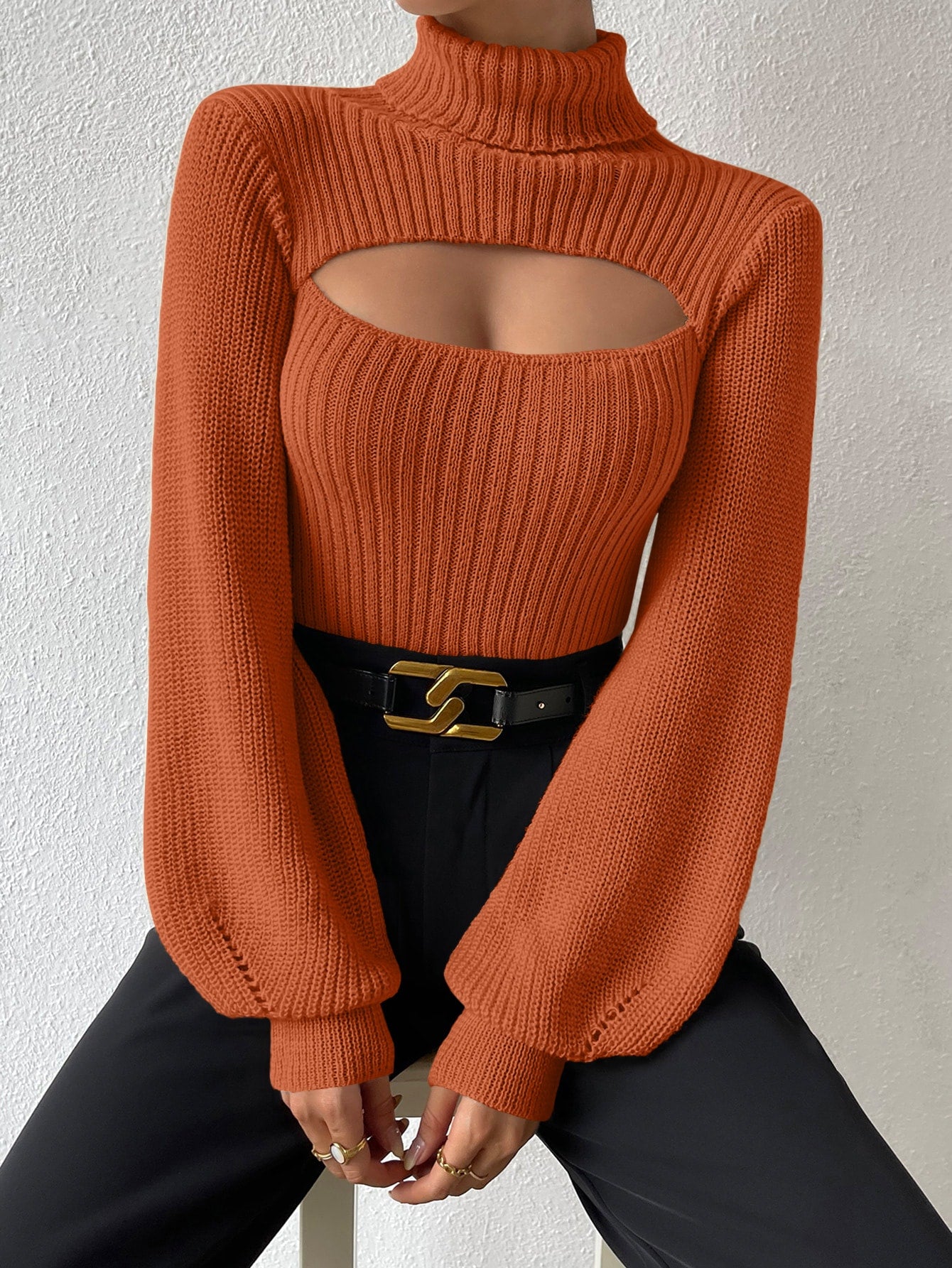 Turtleneck Cut Out Eyelet Detail Sweater