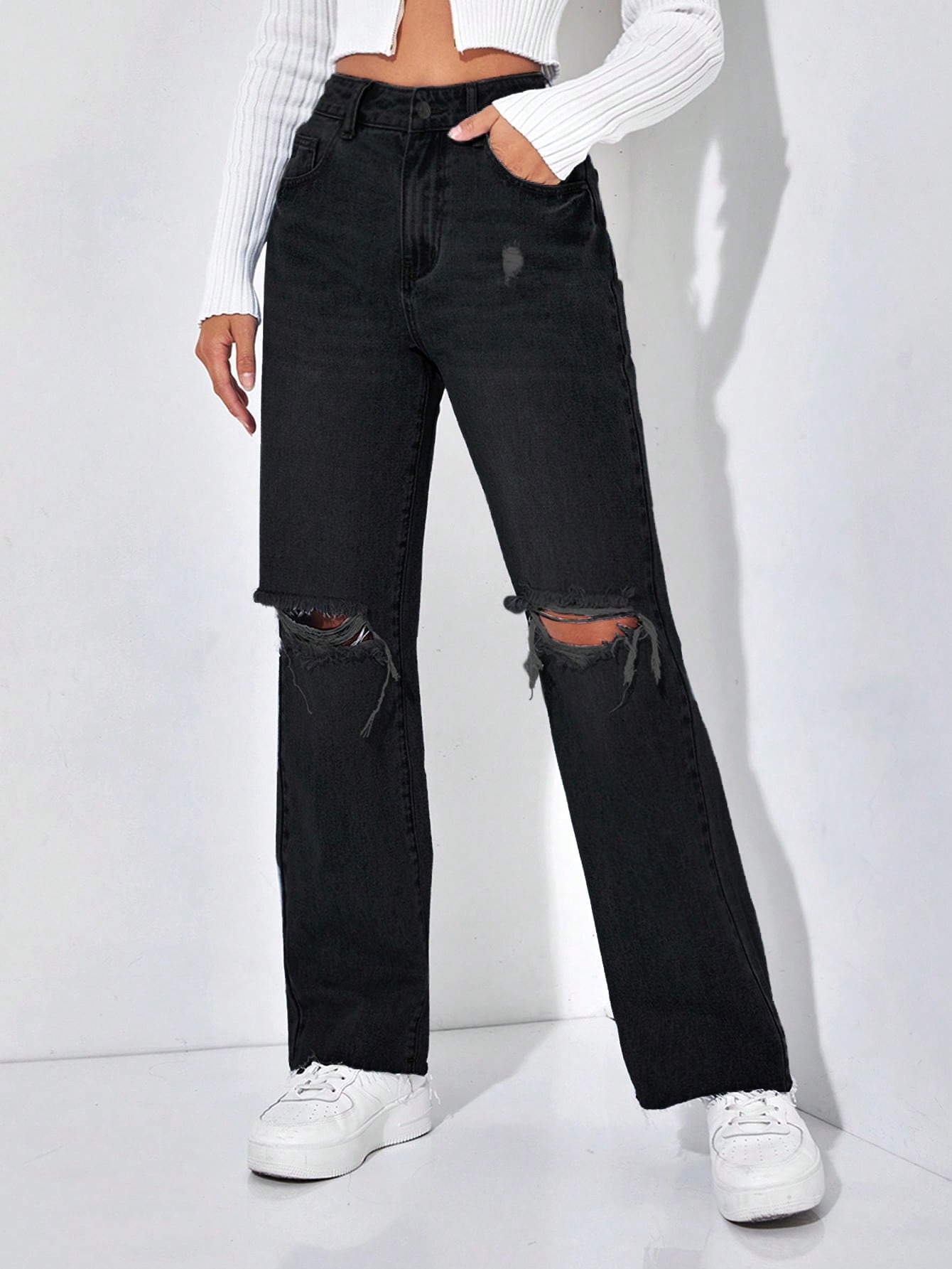 Ripped Raw Hem Straight Leg Jeans