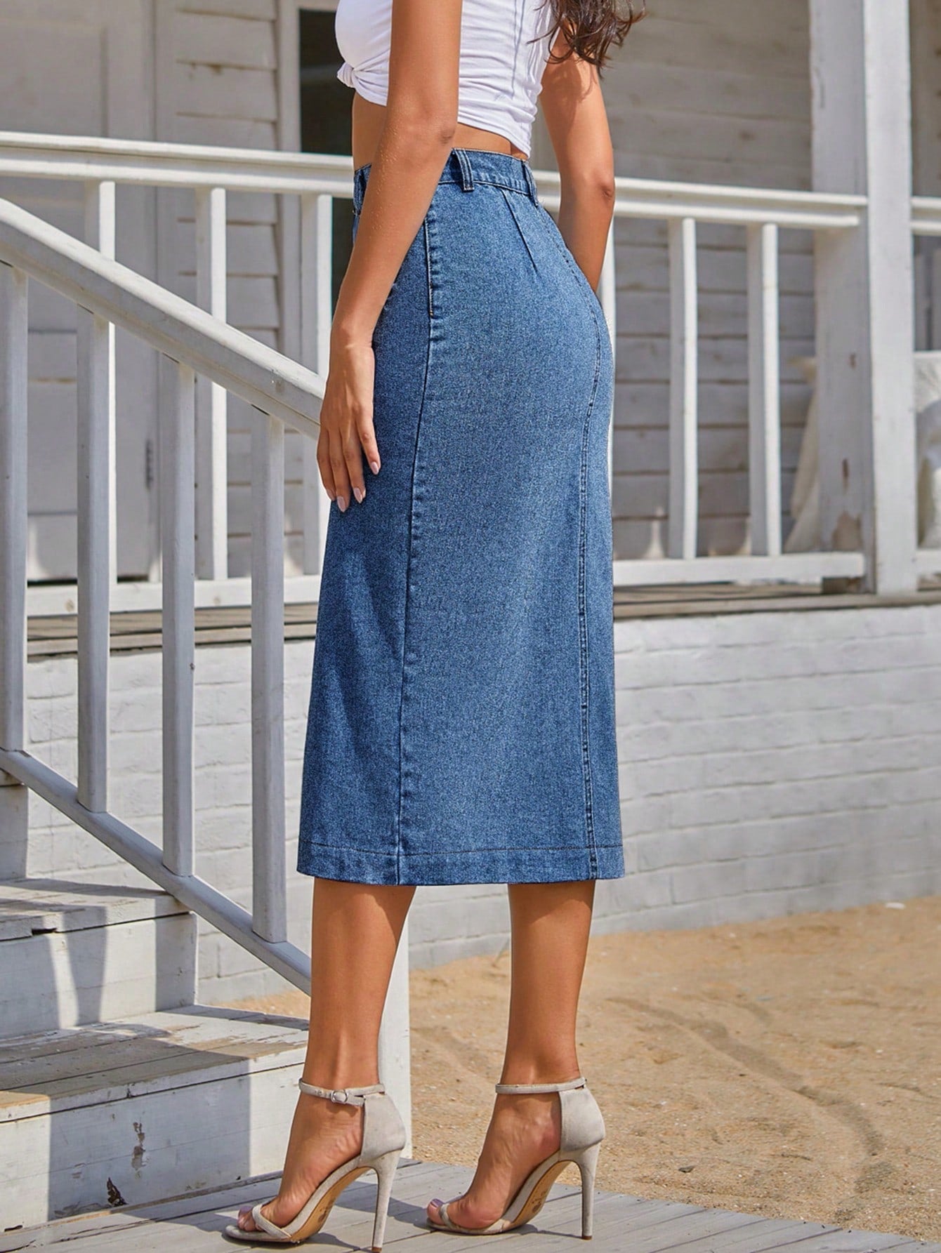 Essnce Button Front Longline Denim Skirt