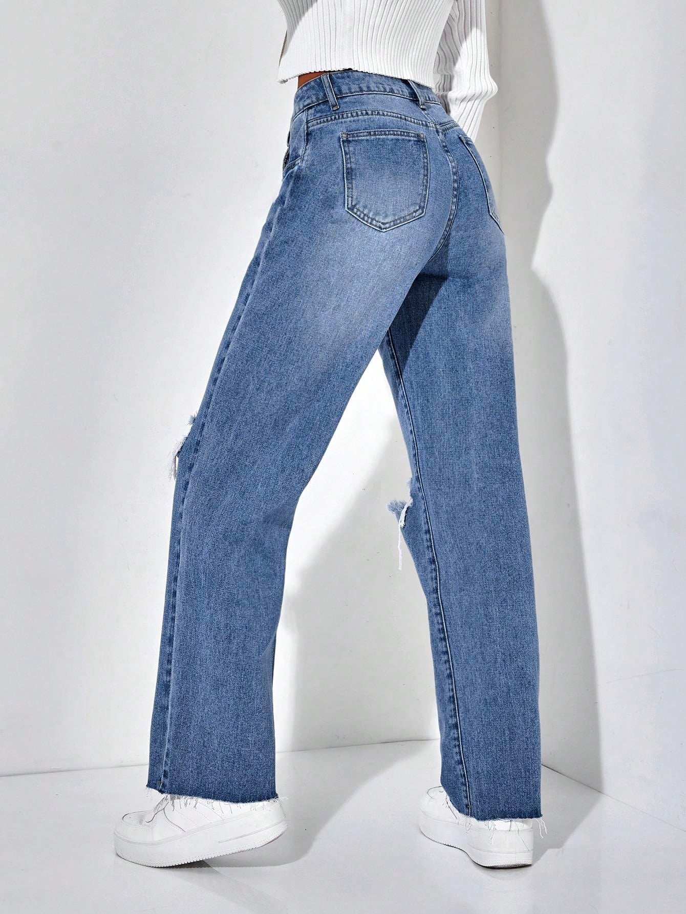 Ripped Raw Hem Straight Leg Jeans