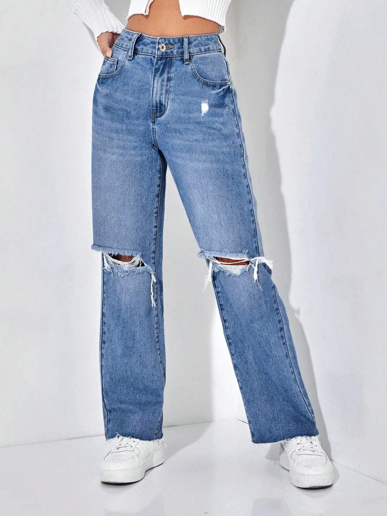 Ripped Raw Hem Straight Leg Jeans