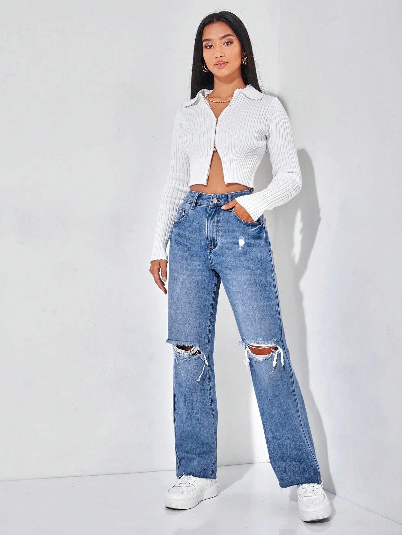 Ripped Raw Hem Straight Leg Jeans